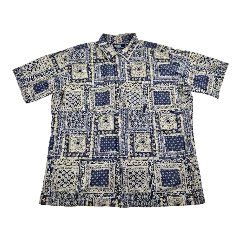 Vintage 90s Polo Ralph Lauren Caldwell XL Linen Blue Bandana Patchwork Shirt